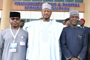 L-R: Director, Critical National Assets and Infrastructure Protection, Office of the National Security Advisers (ONSA), Enebong Effiom; Executive Governor, Katsina State, Dikko Radda and Executive Vice Chairman/Chief Executive Officer, Nigerian Communications Commission (NCC), Dr. Aminu Maida, during a business roundtable on broadband investment and critical national infrastructure protection hosted by the Commission in Abuja on Wednesday (October 8, 2025).