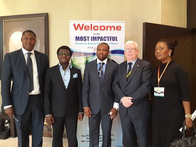 (L-r): Dayo Adeyeye, head of Operations, Phasestream, Rolu Adebola, managing director and chief exectutive officer, CFS West Africa Limited, Olalunde Adedoyin, head of IT and Operations, Phasestream, Mike Purves, director, Trade and Investment and Rukayat Lawal, trade development manager, both of UK Trade and Investment, during CFS West Africa Limited and PhaseStream UK first edition of International Customer Experience Solutions Conference & Exhibition (ICES CONFEX 2013) held in Lagos