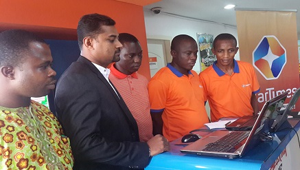 (L-r): Fashola Olumide, admin/account officer, National Lottery Regulatory Commission (NLRC), Tharun George, regional sales manager, Sweetco Food Limited, Niyi Adeleke, deputy manager, Regulations, National Lottery Regulatory Commission (NLRC), Aminu Muritala, technical manager and Somoye Tunde Habeeb, brand and marketing manager, both of NTA-Star Network, monitoring the display of winner of the star prize in StarTimes ExtraTime promo June edition held at its headquarters in Lagos.