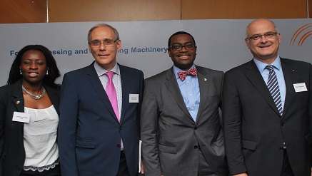 (L-r): Jennifer Anoyika, chief operating officer, Nigerian-German Business Association, Michael Derus, German Consul-General, Prof. Akinwumi Ayo Adesina, minister of Agriculture, Richard Clemens, managing director, Food Processing and Packaging Machinery of the German Engineering Federation (VDMA), during an exhibition on Monday in Lagos.