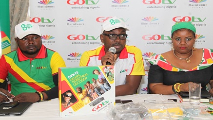 (L-r): Ismail Olalekan, deputy head of Sales, MultiChoice Nigeria Oludare Kafar, marketing manager, GOtv and Elizabeth Amkpa, general manager, GOtv during the media launch of GOtv in Makurdi, Benue State held at Metropolitan Hotel, Makurdi…on Tuesday.