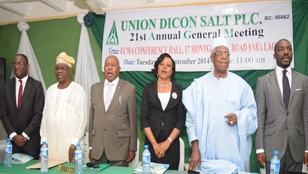 ‎ (L-r): Bex Nwawudu, deputy managing director, Engineer Erikitola, director, Colonel Henry Mgbemena, executive director production, Florence Sam Iroye, company secretary, General T.Y Danjuma, chairman, Chuka Mordi, managing director and Maj. General E.R. Chioba, director, all of Union Dicon Salt at the 21st Annual General Meeting held in Lagos...on Tuesday.