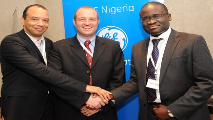 (L-r): Uzo Ezinwa, GE account executive, Dangote, Arn de Lange, channel manager, Sub Saharan Africa and Ajibola Akindele, commercial development manager, at the GE Intelligent Platforms Customer Day held in Lagos on Tuesday.