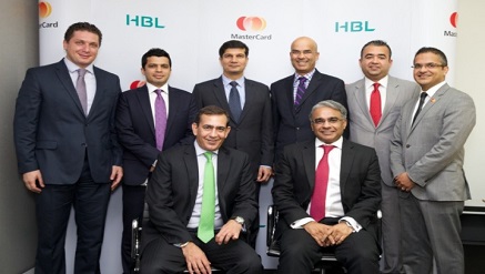 (L-r): Raghu Malhotra, division president, Middle East and North Africa, MasterCard, Faiq Sadiq, group head, Payment Services, HBL and other executives at the agreement signing.