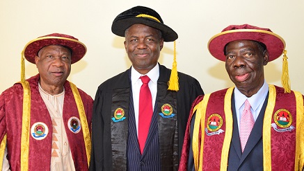 (L-): Professor Anthony Imevbore, pro chancellor, Joseph Ayo Babalola University (JABU), Demola Aladekomo, group managing director and chief executive officer, Chams Plc, with Dr. Oluwawemimo Odunaiya (FCA) Chancellor, JABU,  during the 2nd Oladele Olashore Memorial Lecture at the University Campus in Ikeji-Arakeji in Osun State recently.