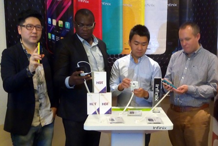 (L-r): Bruno Lee, country manager, ‎Shobanjo Adebayo, Network Operation Manager, Peter Zhou, head of marketing, all from Infinix Mobile and Mark Rossell, chief commercial manager of Konga.com, at the launch of Infinix Hot in Lagos recently.