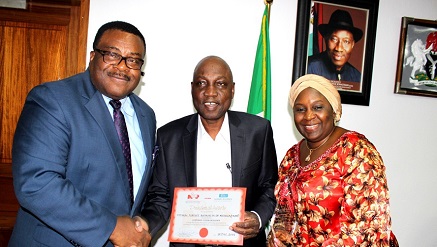 L-R: Capt. Henry Omeogu, director, Airport Operations, Engr. Saleh Dunoma, managing director, Federal Airports Authority of Nigeria (FAAN) & Hajia Salamatu B. Umar-Eluma, director, Human Resources during the NIPR Corporate Citizen Excellence award presentation to FAAN, recently