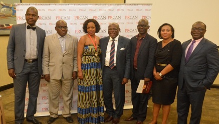 L-R: Tola Odusote, Secretary General, Muyiwa Akintunde, Vice President both of Public Relations Consultants Association of Nigeria (PRCAN), Wendy Tlou, Chief Marketing Officer, Brand South Africa, John Ehiguese, President PRCAN, Rotimi Oladele, National President, Nigerian Institute of Public Relations (NIPR), Moji Saka, Treasurer and Chido Nwakanma, Ex-Officio both of PRCAN at the PRCAN Annual Public Relations Gold Medal Lecture 2014, held at Four Points By Sheraton, Lagos, recently.