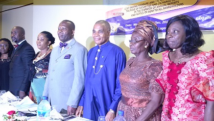 (L-r): Misan Kofi-Senaya, CEO, Datamax Registrars Ltd, Siyanbola Oladapo, president of Anco, pst. (Mrs) Joy Umo, Dr. Mike Umo, general manager, Bulkpost Venture (BPV) and the host, Dr. Simon Emeje, senior assistant postmaster general and head of Courier Regulatory Department (CRD), (Mrs) Oyebodejo Lola, immediate past president, ICMR and Mrs. Molokwu Uche, head, Lagos Zonal Office of the Securities and Exchange Commission (SEC) during Bulkpost Venture’s Customers Forum and Dinner Night held in Lagos rece