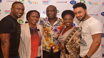 (L-): Dare 'Art' Alade, Nigerian Idol 5 judge and R'n'B crooner, Ugochi Pedro, executive director, OMG, Dede Mabiaku, Nigerian Idol 5 judges, and Yinka Davies and Presenter, Ills Rhymz during the Nigerian Idol 5 audition at the Xcape Centre, Port Harcourt recently.