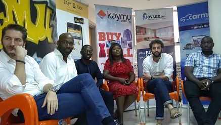 (L-r): Marek Zmysłowski, MD, Jovago.com, Obi Ejimofor, MD, Lamudi Nigeria, Bankole Cardoso, MD, EasyTaxi, Evangeline Wiles, MD, Kaymu Nigeria, Guillaume Leblond, MD, Hellofood Nigeria and Mohammed Iyamu, head of operations (Africa), Carmudi.com, during  media interactive session at AIG office launch in Lagos on Monday.