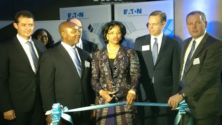 (L-r): Shane Kilfoil, Managing Director Africa, Electrical Sector, Charles Iyo, West Africa Sales Manager, Electrical Sector, Yishay Weissman, Sales Manager sub-Saharan Africa, Eaton Hydraulic Sector, all of Eaton, Mrs. Olusola Senapon Oworu, commissioner for Commerce & Industry, Lagos state, Kurt McMaken, President Europe, Middle East and Africa (EMEA) and Frank Campbell, president, Electrical Sector EMEA, both from Eaton, during the officially opening of Eaton Technology Day in Lagos, on Tuesday.