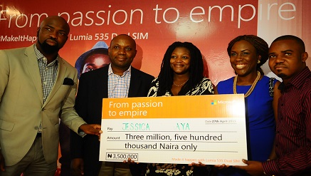 L-r) Audu Maikori, CEO, Chocolate City Group; Joseph Umunakwe, General Manager, Microsoft Mobile Devices and Services; Jessica Yahaya, Winner #MakeItHappen# Microsoft Lumia 535 Dual SIM ‘Passion to Empire’ activation campaign; Tara Fela-Durotoye, CEO, House of Tara; and Opeyemi Awoyemi, Co-founder Jobberman, at the Press Conference announcing the 5 winners of the campaign, which took place in Lagos.