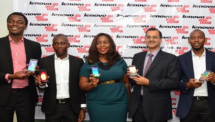 (L-r) Bolade Oyekanmi, ‎marketing manager, Shadrack Otura, Ms. Nkechi Okolo, service manager, Shashank Sharma, ‎executive director, Mobile Business Group, Lenovo Technologies Middle East & Africa (MEA) and David Akindele, ‎sales manager, Independent Retailers, all from Lenovo Technologies West Africa, during Lenovo’s inaugural breakfast meeting with the media and introduction of the Lenovo three smartphones in Lagos.