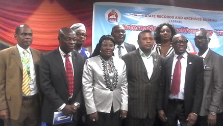 (L-): Prof. Ayodeji Olukoju, vice-chancellor, Caleb University, Lagos State, Barr. Chris Nkwocha, zonal Director, Nigeria Copyright Commission, Lagos Operational Office, Mrs. Oluranti Odutola, Permanent Secretary, Ministry of Information and Strategy, Lagos, Dr. Oyedokun O. Oyewole, President, RIMa Foundation/ Chairman, Board of Trustees, Institute of Information Management-Africa, Biodun Onayele, DG, LASRB and Lateef  Raji, Immediate Past Special Adviser on Information and Strategy to the Lagos State Gover