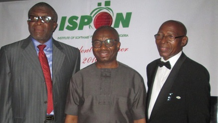 L-r) Pius Okigbo. Jr. president, Institute of Software Practitioners of Nigeria (ISPON), Vincent Olatunji, Ag. Director General, National Information Technology Development Agency (NITDA) and Chris Uwaje, Immediate past president, ISPON at the 7th President Dinner of ISPON, held in Lagos on the weekend.