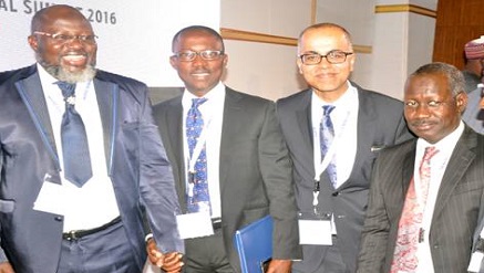 L-R: Barr Adebayo Shittu, Minister of Communications; Mr. Adebayo Adebiyi, General Manager, Northern region MTN Nigeria; Mr. Tariq Malik, Chief Executive Officer Extensia Ltd, Uk and Mr. Yusuf Kazaure, Managing Director/CEO Galaxy Backbone Ltd at the IAD Summit 2016 in Abuja