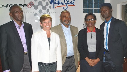 (L-r):  Ayo Oluwatosin, group managing director, Rosabel; Lisa Kettman-Kervinen, executive director of EMEA, Worldwide Partners; Senator Akin Odunsi, chairman, Rosabel Group; Nosa Ademola, MD, Bytesize and HRM, Ayo Kupoluyi, MD,  Media Seal at the unveiling of Media Seal, Bytesize partnership with Worldwide Partners, recently.