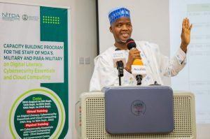 Dr. Usman Gambo Abdullahi, Director, Information Technology Infrastructure Solutions Department, NITDA, and representative of the DG, giving his address at the closing event of the programme.