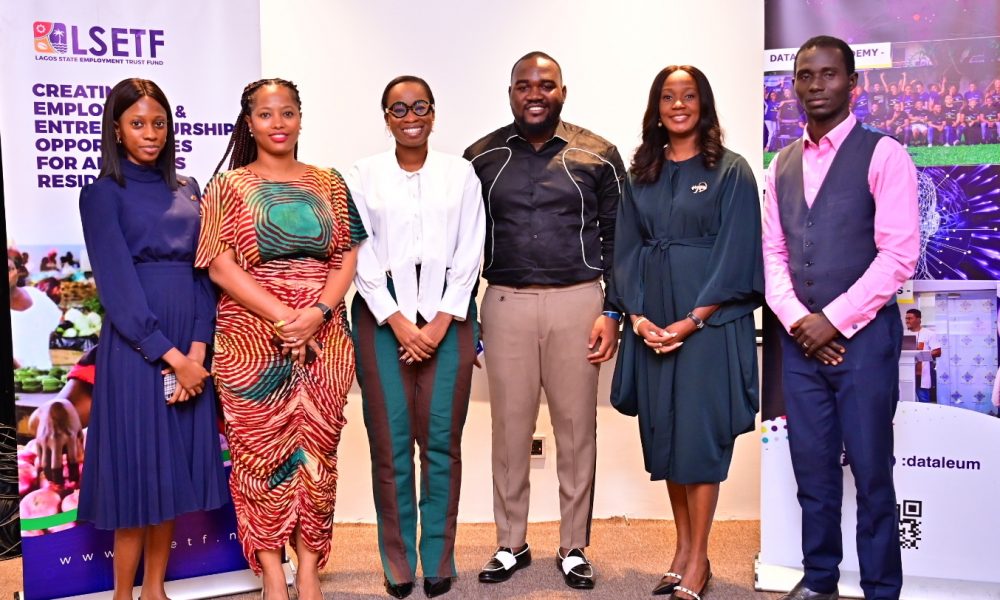 L-R: Beneficiary, Lagos Innovates Talent Development Programme, Abiola Ogunbajo; Head, Startups, Lagos Innovates, Ireayo Oladunjoye; Head, Corporate Services, Honeywell Group, Tomi Otudeko; Chief Executive Officer, Dataleum, Akinbode Roberts; Head, Governance and Sustainability, Honeywell Group, Yewande Giwa; Beneficiary, Lagos Innovates Talent Development Programme, Bamigbola Segun Ayoola, at the opening ceremony of the Lagos Innovates Programme on Tuesday, September 20, 2022.