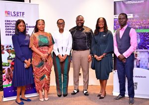 L-R: Beneficiary, Lagos Innovates Talent Development Programme, Abiola Ogunbajo; Head, Startups, Lagos Innovates, Ireayo Oladunjoye; Head, Corporate Services, Honeywell Group, Tomi Otudeko; Chief Executive Officer, Dataleum, Akinbode Roberts; Head, Governance and Sustainability, Honeywell Group, Yewande Giwa; Beneficiary, Lagos Innovates Talent Development Programme, Bamigbola Segun Ayoola, at the opening ceremony of the Lagos Innovates Programme on Tuesday, September 20, 2022.