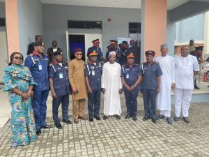 L-R: Nnena Ukoha, Head, Corporate Communication, Nigerian Communucations Commission (NCC); Eweka Okoro, Lagos State Commandant, Nigerian Security and Civil Defence Corps (NSCDC); Adamu Kambra, Commandant, National Headquarters, Abuja, NSCDC; Ephraim Nwokonneya, Director, Compliance Monitoring and Enforcement, NCC; Agboola Sunday, Osun State Commandant, NSCDC; Mohammed Babajika, Director, Licensing and Authorisation, NCC; Ajibola Niyi, Ogun State Commandant, NSCDC; Femi Ete, Oyo State Deputy Commandant, NSCDC; Salisu Abdu, Head, Enforcememt, NCC, and Yomi Arowosafe, Lagos Zonal Controller, NCC, during a one-day workshop organised for the South West leadership of the NSCDC in Lagos recently.