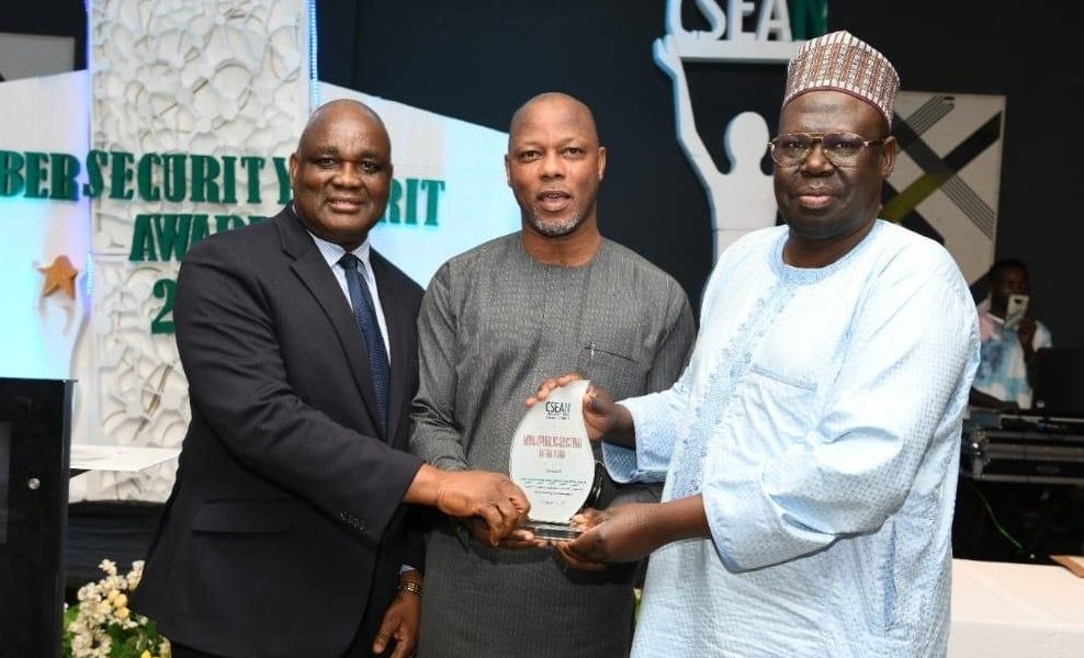 L-R: Director, Public Affairs, Nigerian Communications Commission (NCC), Mr. Reuben Mouka; Chief Operating Officer, Halogen Group, Dr. Wale Adeagbo and Director, New Media and Information Security, NCC, Dr. Alhassan Haru during the presentation of the 2022 Cybersecurity Award for Best Public Sector Organisation to NCC at the maiden Cybersecurity Merit Awards 2022 organised by Cybersecurity Experts Association of Nigerian in Lagos at the weekend.