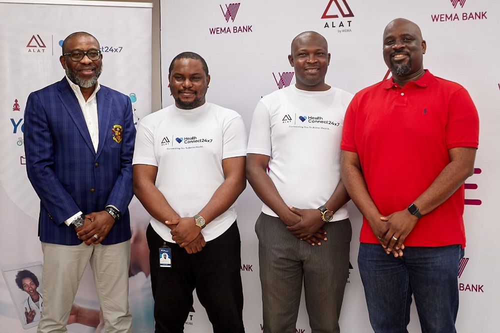 Chief Information Officer, Wema Bank, Mr Adeoluwa Akomolafe; Vincent Ezeora - Head, Marketing and Sales HealthConnect 247, Mr. Vincent Ezeora; Dr Folarin Olasogba - Chief Medical Officer, HealthConnect 247 , Dr. Folarin Olasogba; and Mr Olusegun Adeniyi - The Chief Digital Officer, Wema Bank, Mr. Olusegun Adeniyi, at the launch of the Health Connect 24/7 X ALAT partnership in Lagos