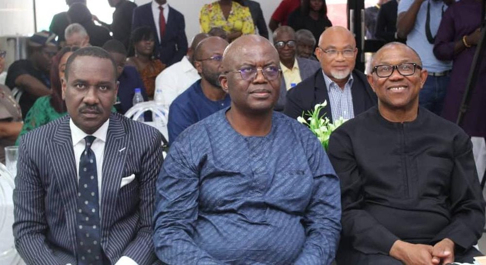 L-R: Pastor Itua Ighodaro; Sir Demola Aladekomo, SmartCity Plc; with Peter Obi, Labour Party presidential candidate