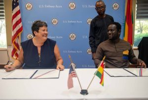 U.S Ambassador to Ghana, Virginia E. Palmer and Senior Vice President, Flyzipline, Daniel Marfo at the grant signing ceremony at the U.S. Embassy in Accra, recently