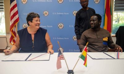 U.S Ambassador to Ghana, Virginia E. Palmer and Senior Vice President, Flyzipline, Daniel Marfo at the grant signing ceremony at the U.S. Embassy in Accra, recently